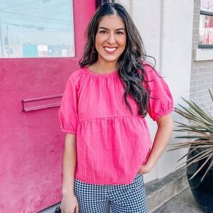 Old Navy Bright Pink Puff Sleeve Blouse Size L Large Barbie Pink